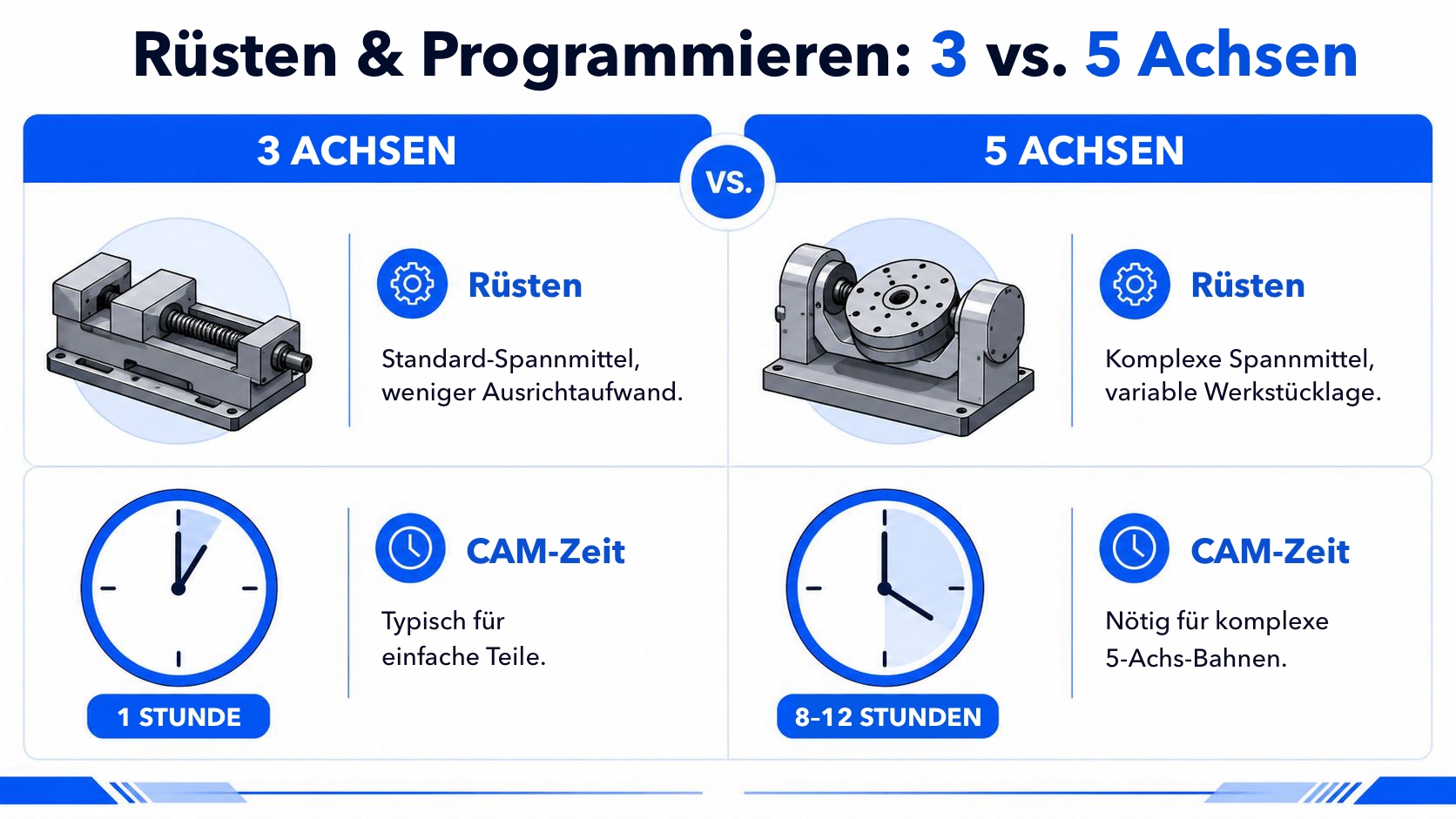 Vergleichsdiagramm zu den Unterschieden bei Rüst- und Programmierzeit zwischen 3-Achs- und 5-Achs-CNC-Bearbeitung.