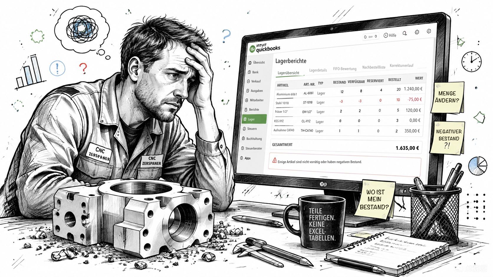 Ein gestresster Zerspanungsmechaniker blickt auf einen Bildschirm mit QuickBooks-Bestandsberichten, die negative Lagermengen zeigen.